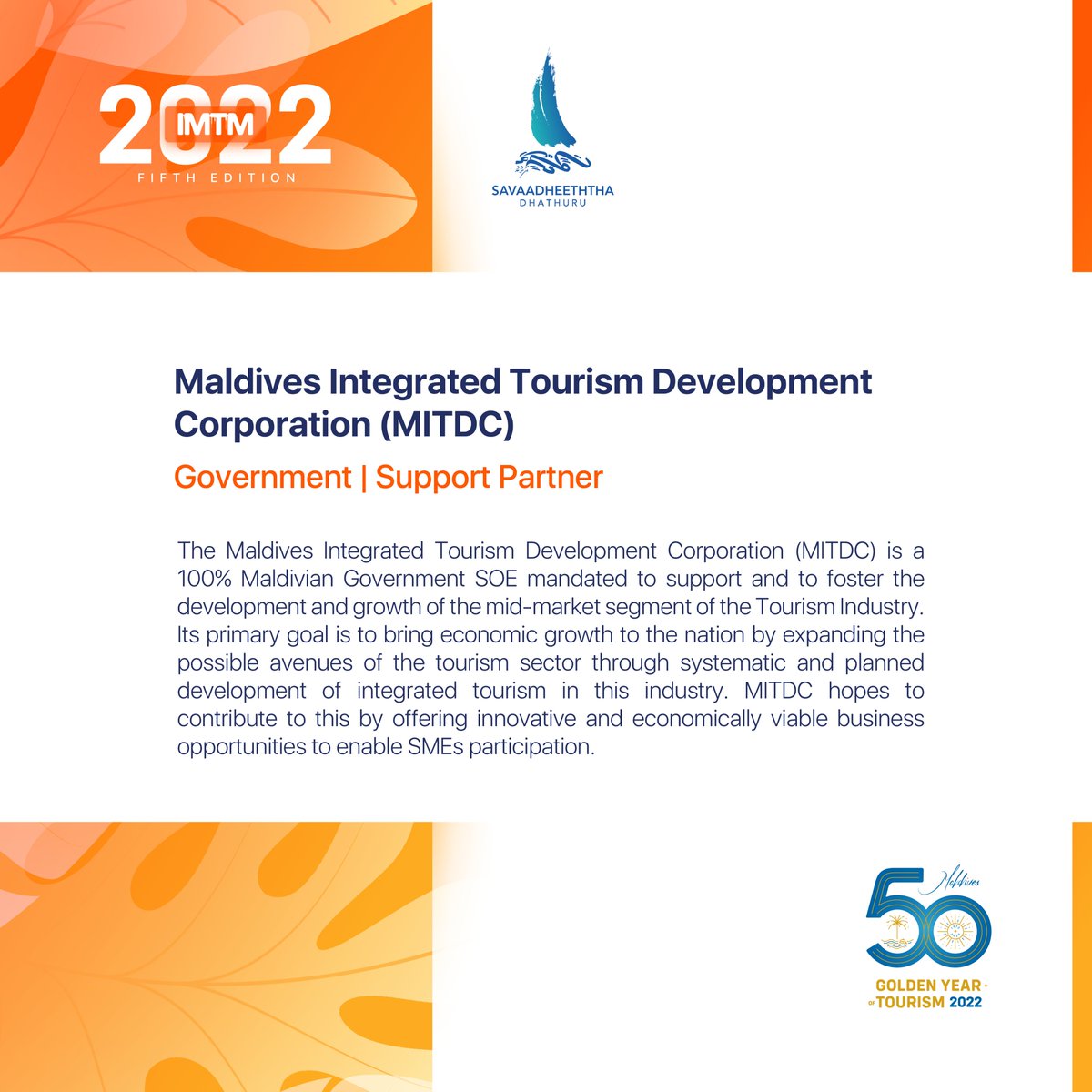 imtmonline's tweet photo. We are delighted to announce MITDC is with #IMTM2022 as its Support Partner!
#imtm #iamwithimtm #maldives #visitmaldives #traveltradefair #tourismfair #tradefair #imtmpartner #b2bfair #partner #imtmsupportpartner #mitdc https://t.co/u2vUVK8ubA