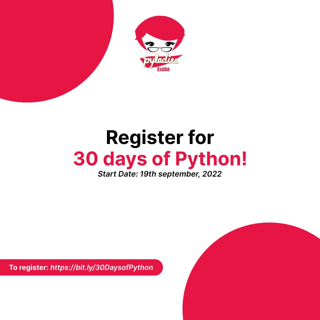 Hurry Ladies... Where are my pythonistas..
Registration for the #30 days of code with python is live..🎉🎉🎉🎉
Register with the link below
bit.ly/30DaysofPython

<a href="/GdgAsaba/">GDG Asaba #DevFestAsaba</a> <a href="/edustipend/">edustipend</a> <a href="/SCA_Asaba/">SCA Asaba</a> <a href="/PyLadiesGhana/">PyLadies Ghana</a> <a href="/pyladies/">PyLadies</a> <a href="/PythonHub/">Python Hub</a> <a href="/ThePSF/">Python Software Foundation</a> <a href="/miyanda0/">Micheal Iyanda</a> pic.x.com/sjRvubT5hj
