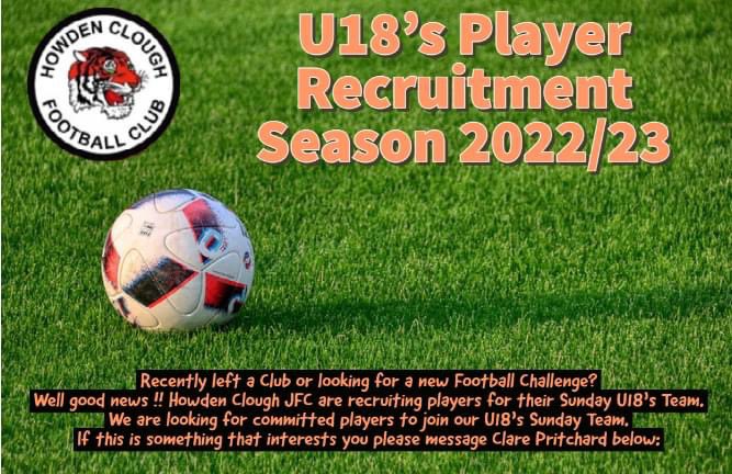 Recently left a Club or looking for a new Football Challenge? <a href="/HCJFCOfficial/">Howden Clough JFC</a> are recruiting players for their U18’s Team. Training is on Wed eve on 4G pitch. If interested you please message below/contact the page or email howdencloughjfc713@gmail.com