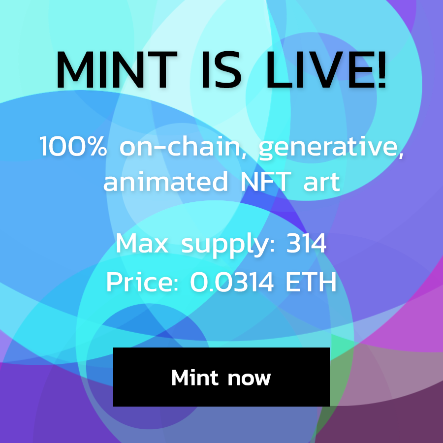 rantandcode_'s tweet photo. #Mint is open!

💵Price: 0.0314 #ETH
🔥Max Supply: 314

🔗Mint: https://t.co/fVNsYZLcvT

Pi-Space is art generated entirely on the Ethereum blockchain using unique data from the minter's wallet - no IPFS, no external metadata, 100% #NonFungible

🚀#Generative #Animated #NFT #Art https://t.co/VmLFqQ7NA4