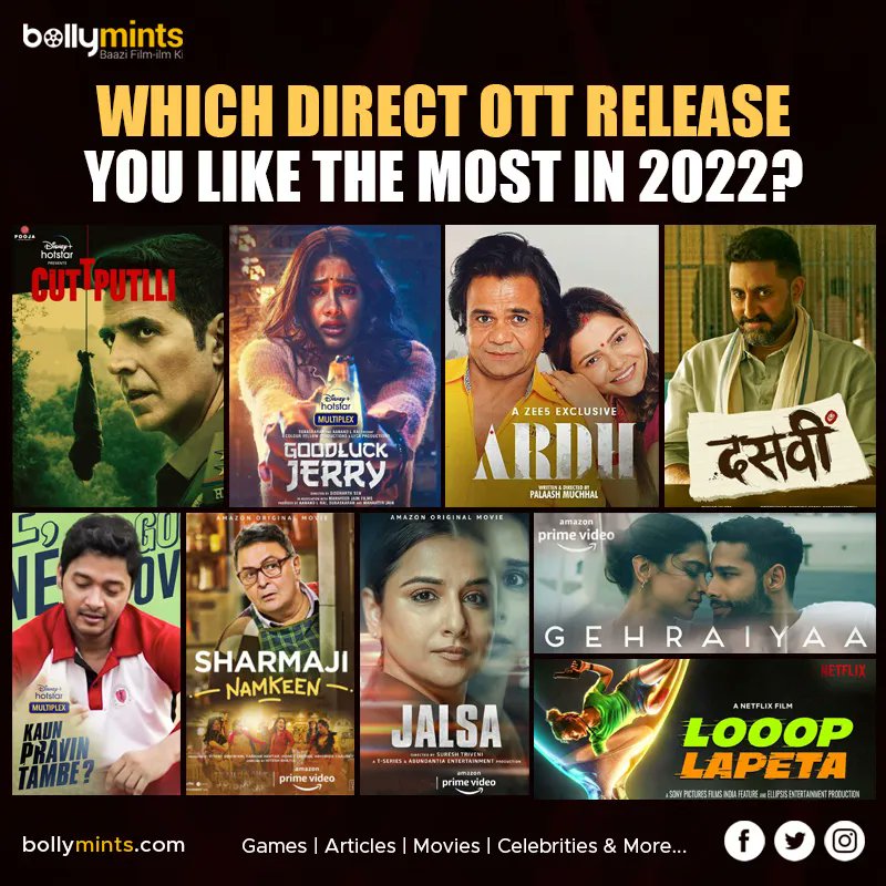 Which Direct OTT Release You Like The Most In 2022 ? Comment below !
#Jalsa #Cuttputlli #CuttputlliStreamingNow #Ardh #Dasvi #kaunpravintambe #Sharmajinamkeen #GoodLuckJerry
