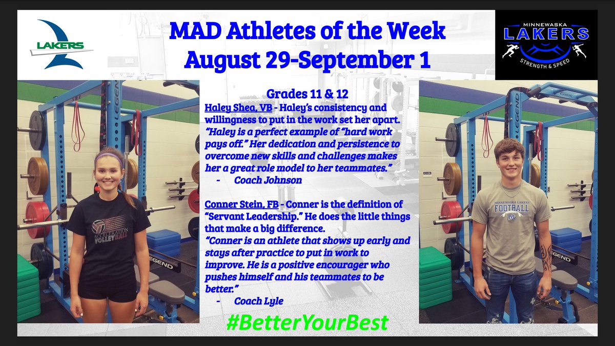 MinnewaskaMAD's tweet photo. LEAD BY EXAMPLE 

These 4 @WaskaPride Lakers are doing just that!

Our MAD Athletes of the Week for Aug. 29-Sept. 1

#LakerPride #BetterYourBest #EAT https://t.co/8onGwM8CaT