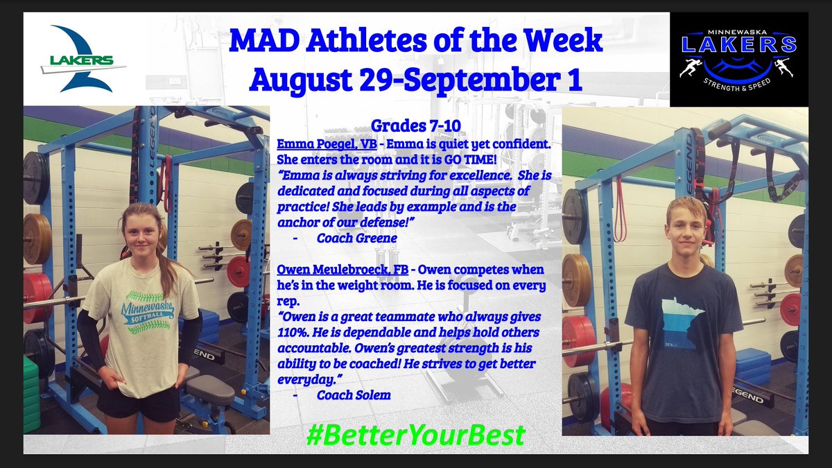 MinnewaskaMAD's tweet photo. LEAD BY EXAMPLE 

These 4 @WaskaPride Lakers are doing just that!

Our MAD Athletes of the Week for Aug. 29-Sept. 1

#LakerPride #BetterYourBest #EAT https://t.co/8onGwM8CaT
