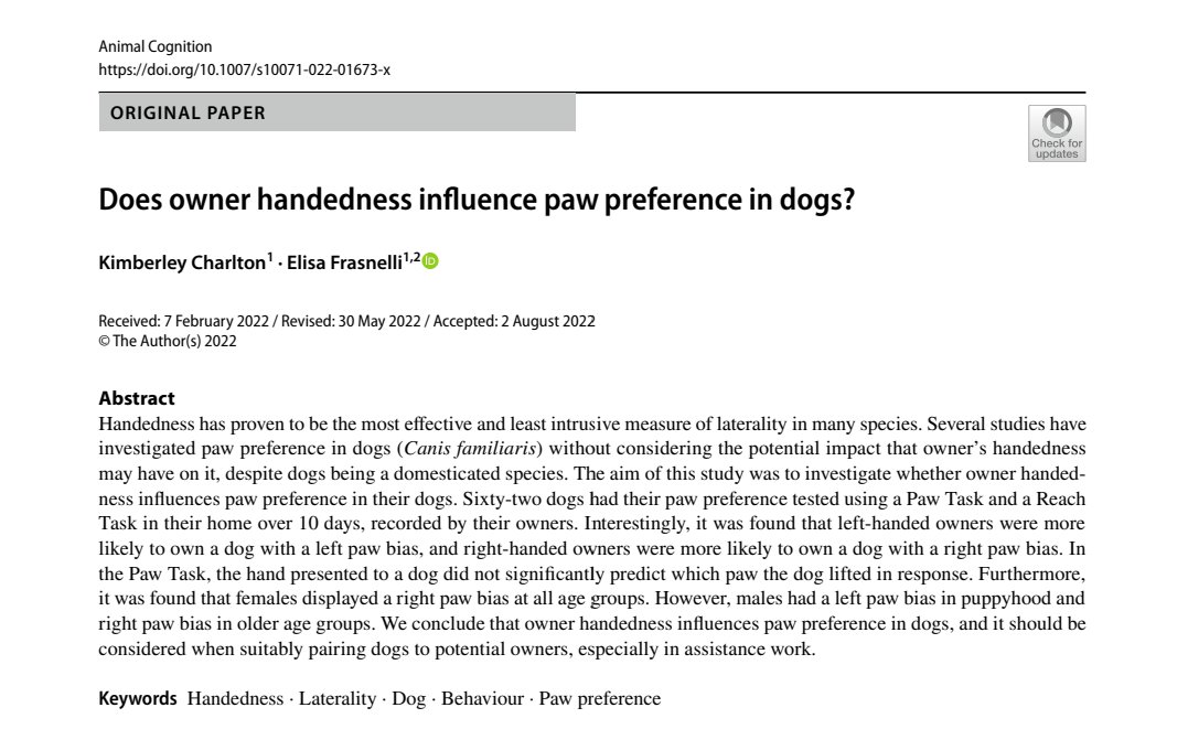 What's the link between your dog's paw preference and your handedness? 🐕🐶🐩🐾🖐️✍️
Check out our new paper! link.springer.com/article/10.100… @kimch4rlotte <a href="/UoLLifeSciences/">Lincoln School of Natural Sciences</a> <a href="/cimec_unitrento/">CIMeC UniTrento</a> #laterality  #handedness #Dog #pawpreference