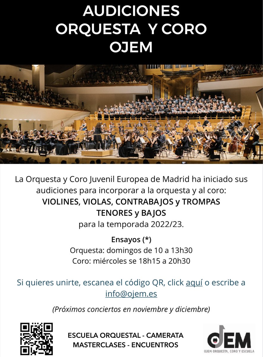 🔴 ¿Quieres formar parte de nuestra
agrupación musical?
Por fin os anunciamos que empezamos con las
audiciones para la temporada 2022/2023
Te esperamos!

#audiciones #orquesta #ojem #violin #viola #contrabajo
#trompa #tenor #bajo #coro #madrid #Musica