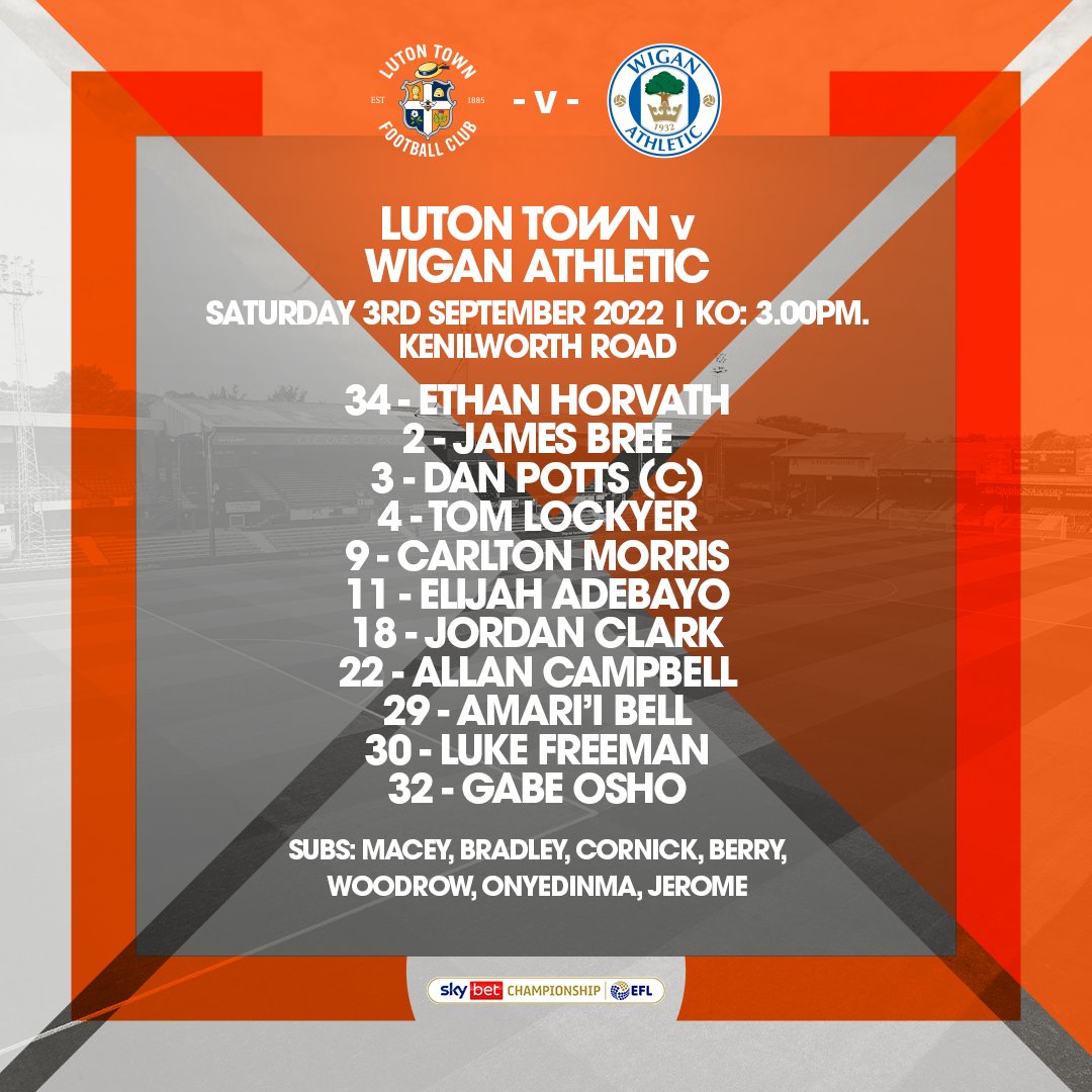 LutonTown's tweet photo. Our starting XI to take on Wigan 🙌

#LUTWIG | #COYH https://t.co/9rIngO90Gj