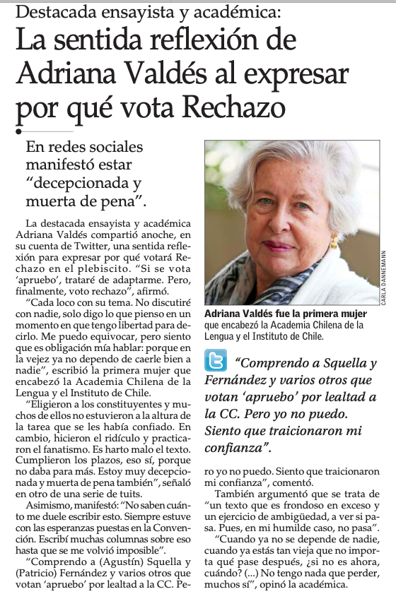 javiparada's tweet photo. Después de mucho reflexionar, me consta, @AdrianaValdes8 ha decidido votar Rechazo y así lo comunicó ayer. Seguiremos trabajando para tener una Constitución nos una. #UnaQueNosUna https://t.co/Esx0A6kDD7