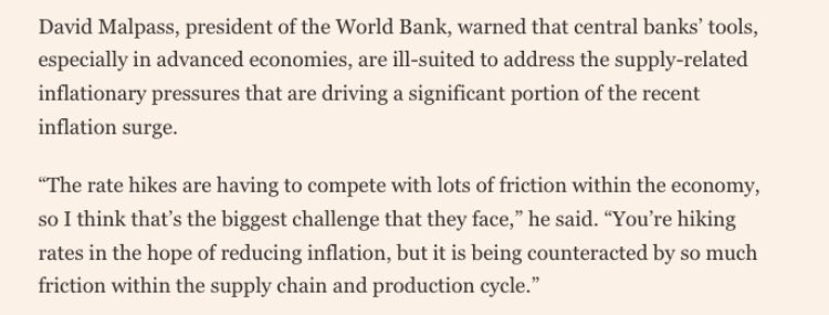 heimbergecon's tweet photo. The World Bank (!) warns that interest rate hikes by central banks in advanced economies are “ill-suited to address the supply-related inflationary pressures that are driving a significant portion of the recent inflation surge.“ https://t.co/lHSVdWQv1B