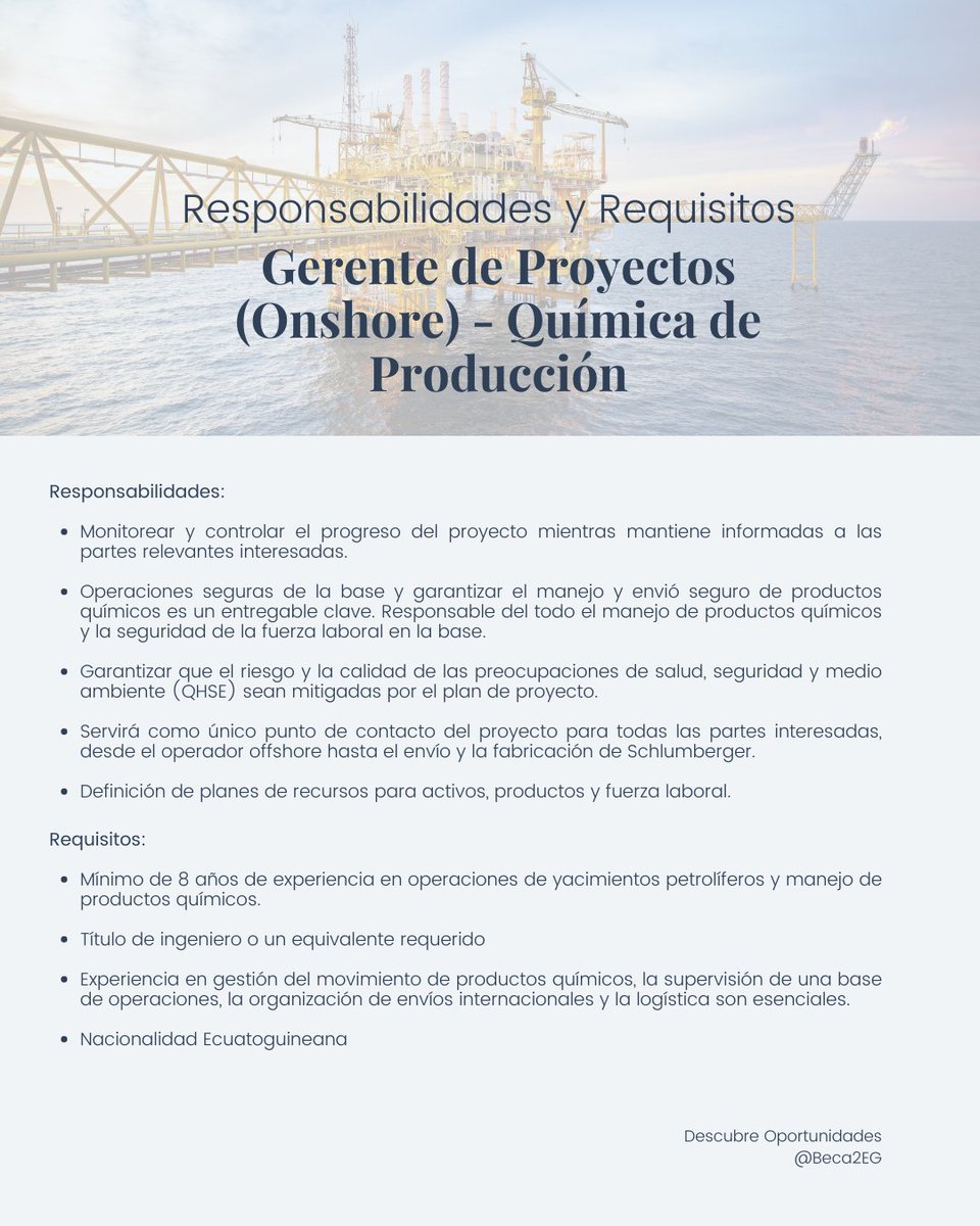 🗣️Schlumberger está ofreciendo 6 puestos de trabajo en Malabo! 🤩 para ingenieros, técnicos con conocimientos en ciencias físicas, química 👩🏾‍🔬👨🏾‍🔬 y experiencia en campos pretrolíferos.

➡️Puedes ver toda la información a lo largo de esta cadena de Tuits⬅️