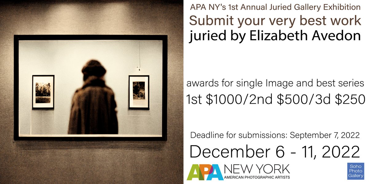 apanewyork's tweet photo. #LaborDayWeekend to-do list for #photographers: Getting your best work together to enter our 1st Juried #Photography Gallery Exhibition, juried by Elizabeth Avedon: https://t.co/q0sCFDrnSa Be part of the show at @SoHoPhotoNYC; be eligible for cash prizes. Do it! Deadline: Sept 7. https://t.co/a2h6PPeVR3