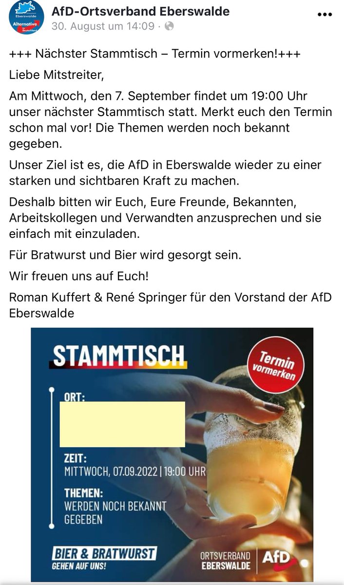 Things4NIP's tweet photo. MdB René #Springer und Roman #Kuffert von der #fckafd wollen in #Eberswalde wieder ihre „Volksnähe“ bei #Bier und #Bratwurst zeigen. 🤢 Ob es wieder „Überraschungsgäste“ wie Gunnar #Lindemann geben wird? Bestimmt aber wieder Besuch von Marcel #Dittrich-Fans. https://t.co/EyBRYjTan5