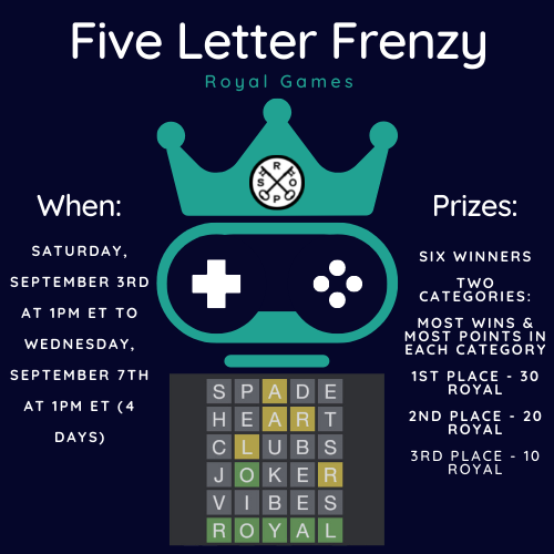 Hello Players! To officially kick off our Royal Staking, Team Play &amp; the opportunity for you all to start earning Royal/RLP - we will be running a Five Letter Frenzy Staking Kickoff Tournament!

Running 1pm ET today to Wednesday, September 7th at 1pm ET (4 Days). Good luck! #RSOP
