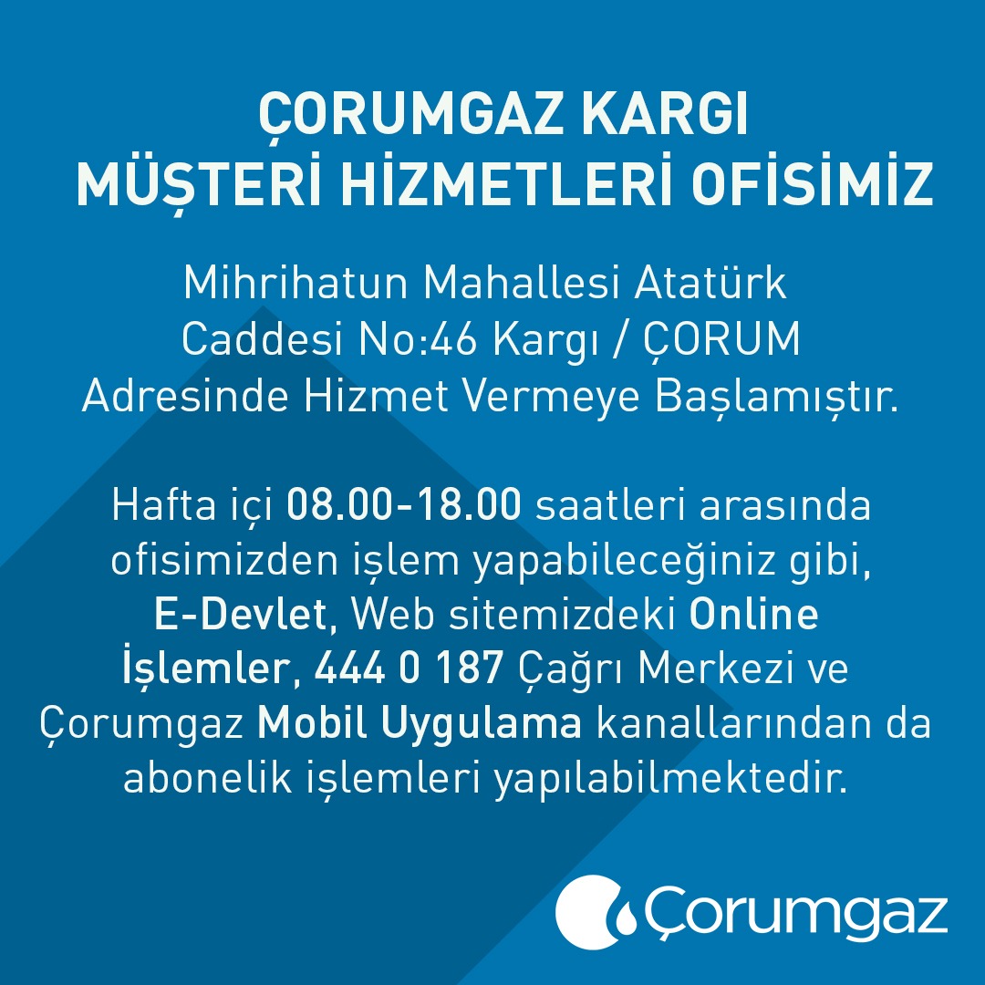 CedasDogalgaz's tweet photo. Çorumgaz-Kargı Müşteri Hizmetleri Ofisimiz hizmet vermeye başlamıştır.
#çorumgaz
#kargı
#çorumgazkargı
#cedas
#ahlatcıholding https://t.co/3cx93rFt9E