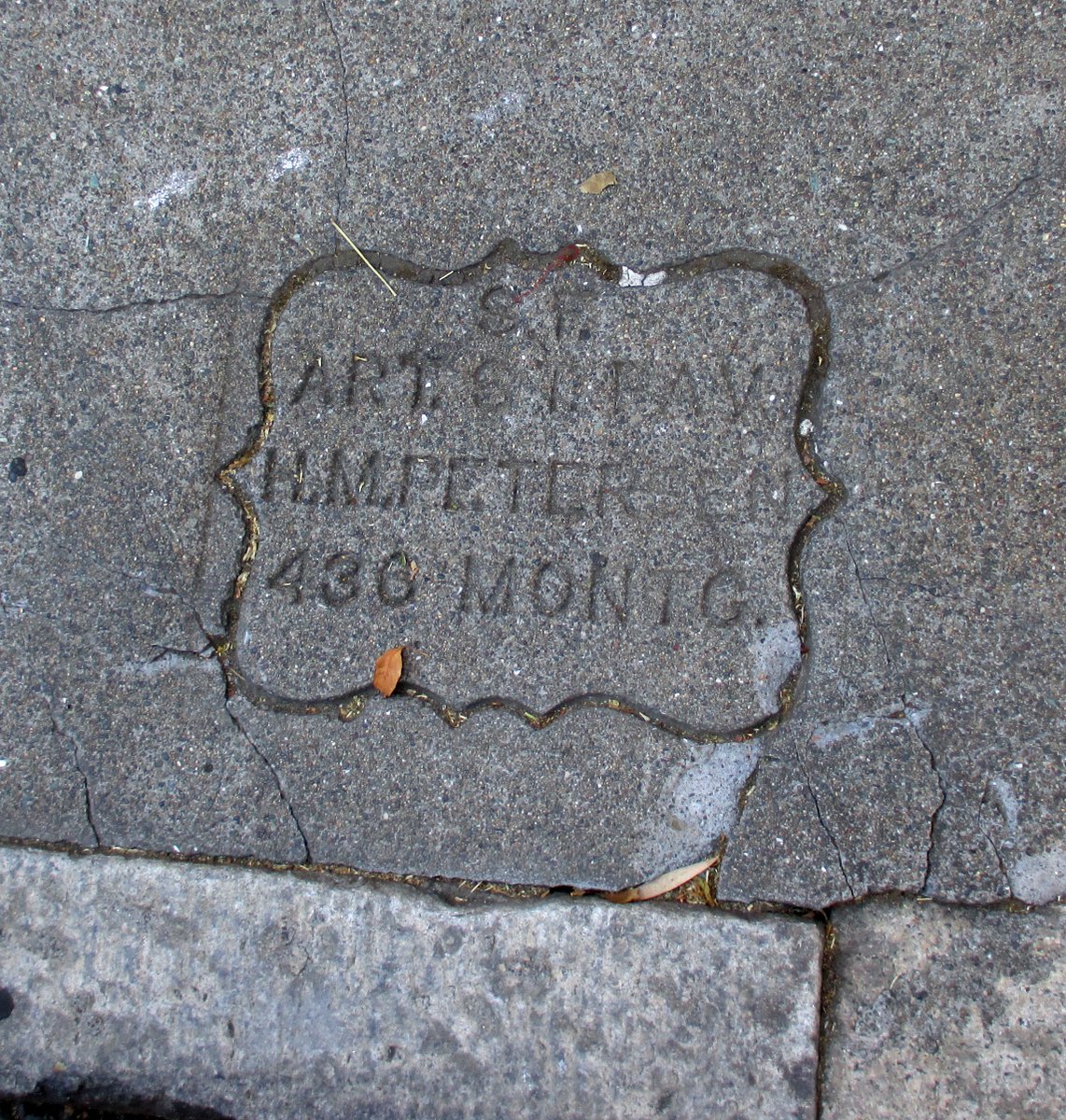 shabbyfrisco's tweet photo. Hans M Petersen, Danish immigrant, one-time captain of a schooner, a dozen kids, went into #artstone pavement in 1887 - first class! - died 1899 and some of the boys carried on stamping - (and what a frame) @VulcanStairway - on san carlos https://t.co/iyhgzWFn38