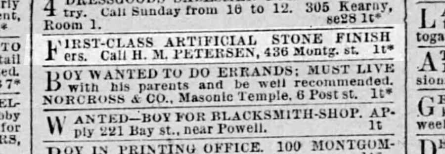 shabbyfrisco's tweet photo. Hans M Petersen, Danish immigrant, one-time captain of a schooner, a dozen kids, went into #artstone pavement in 1887 - first class! - died 1899 and some of the boys carried on stamping - (and what a frame) @VulcanStairway - on san carlos https://t.co/iyhgzWFn38