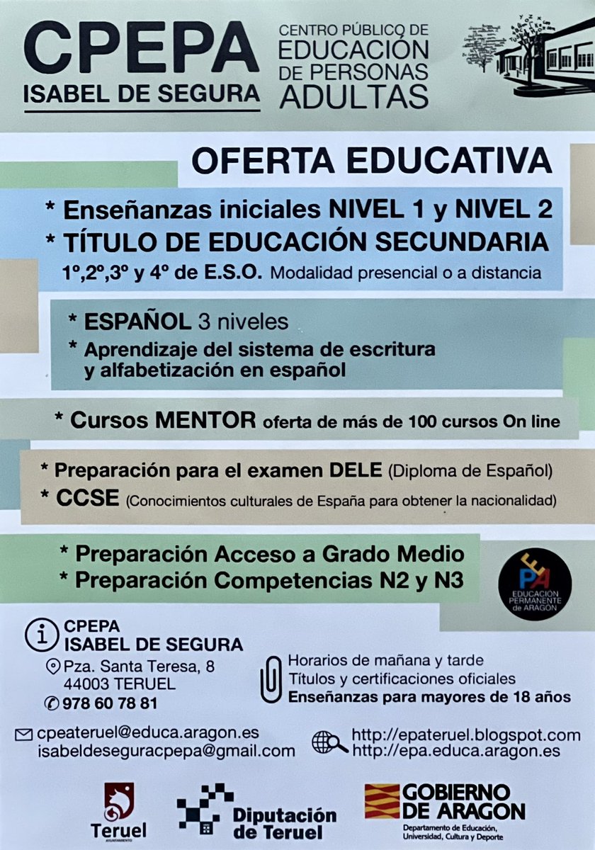nLineaConTeruel's tweet photo. #educacionpermanentedearagon #Teruel #CPEPA #ayuntamientodeTeruel #DiputaciondeTeruel #GobiernodeAragon. https://t.co/2eBzWy1kPf