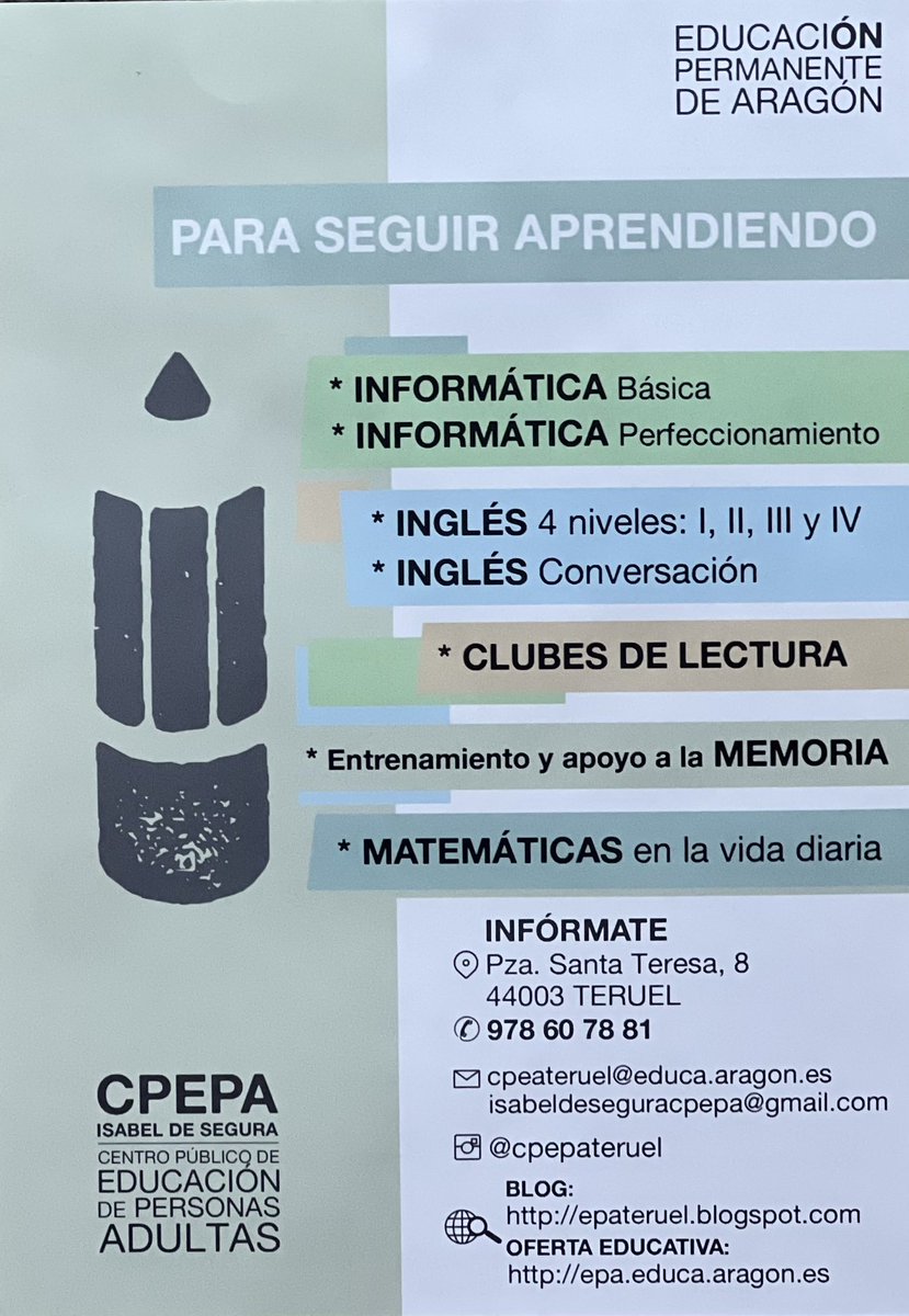 nLineaConTeruel's tweet photo. #educacionpermanentedearagon #Teruel #CPEPA #ayuntamientodeTeruel #DiputaciondeTeruel #GobiernodeAragon. https://t.co/2eBzWy1kPf