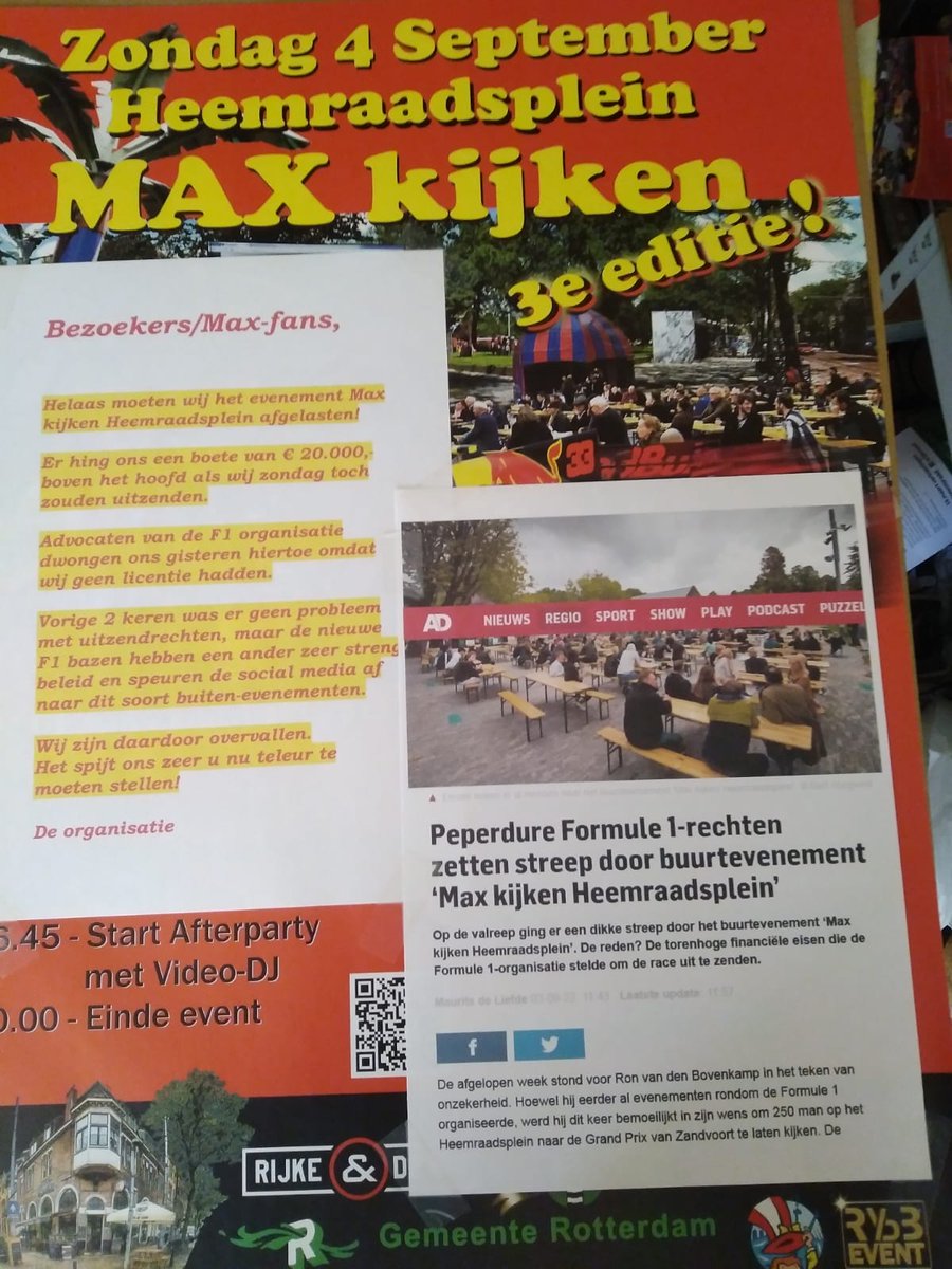 Helaas moeten wij Max Heemraadsplein afgelasten! Advocaten v.d. F1 organisatie dreigden gisteren met een boete € 20.000 als wij zondag toch zouden uitzenden. Zie ook AD-artikel bit.ly/3B8Vwge #maxverstappen #grandprix #zandvoort #evenement #event #buitenbar #hamburgers