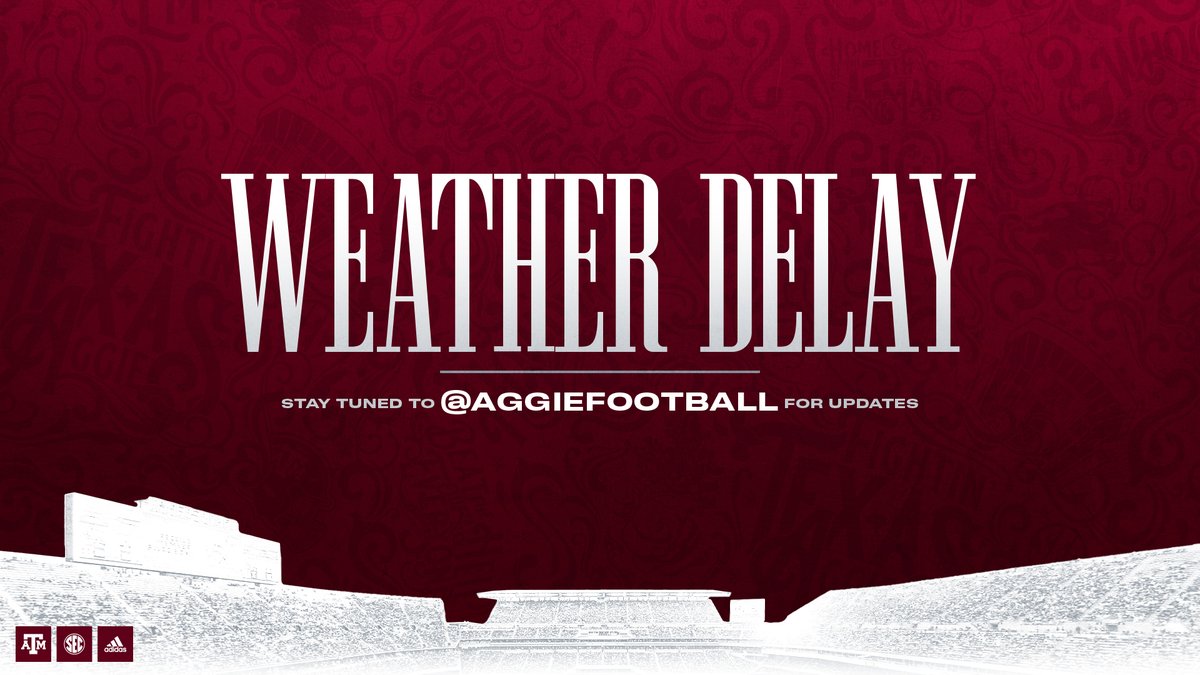 AggieFootball's tweet photo. Due to lightning in the area, the game is currently in a weather delay. 

Fans are asked to seek shelter at this time. We will pass along any further updates when we receive them. https://t.co/XE5mpD10bF
