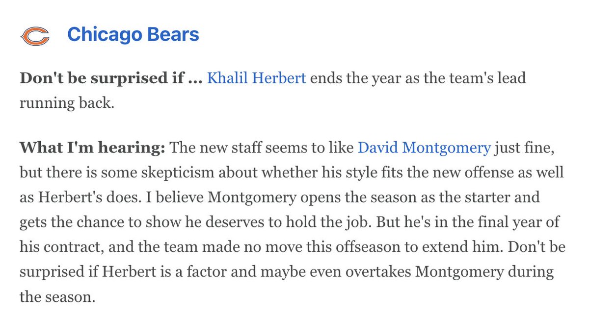 UnderdogNFL's tweet photo. "Don't be surprised if [Khalil] Herbert is a factor and maybe even overtakes [David] Montgomery during the season."

https://t.co/waIQEMvUN7 https://t.co/e83nZCwp8r