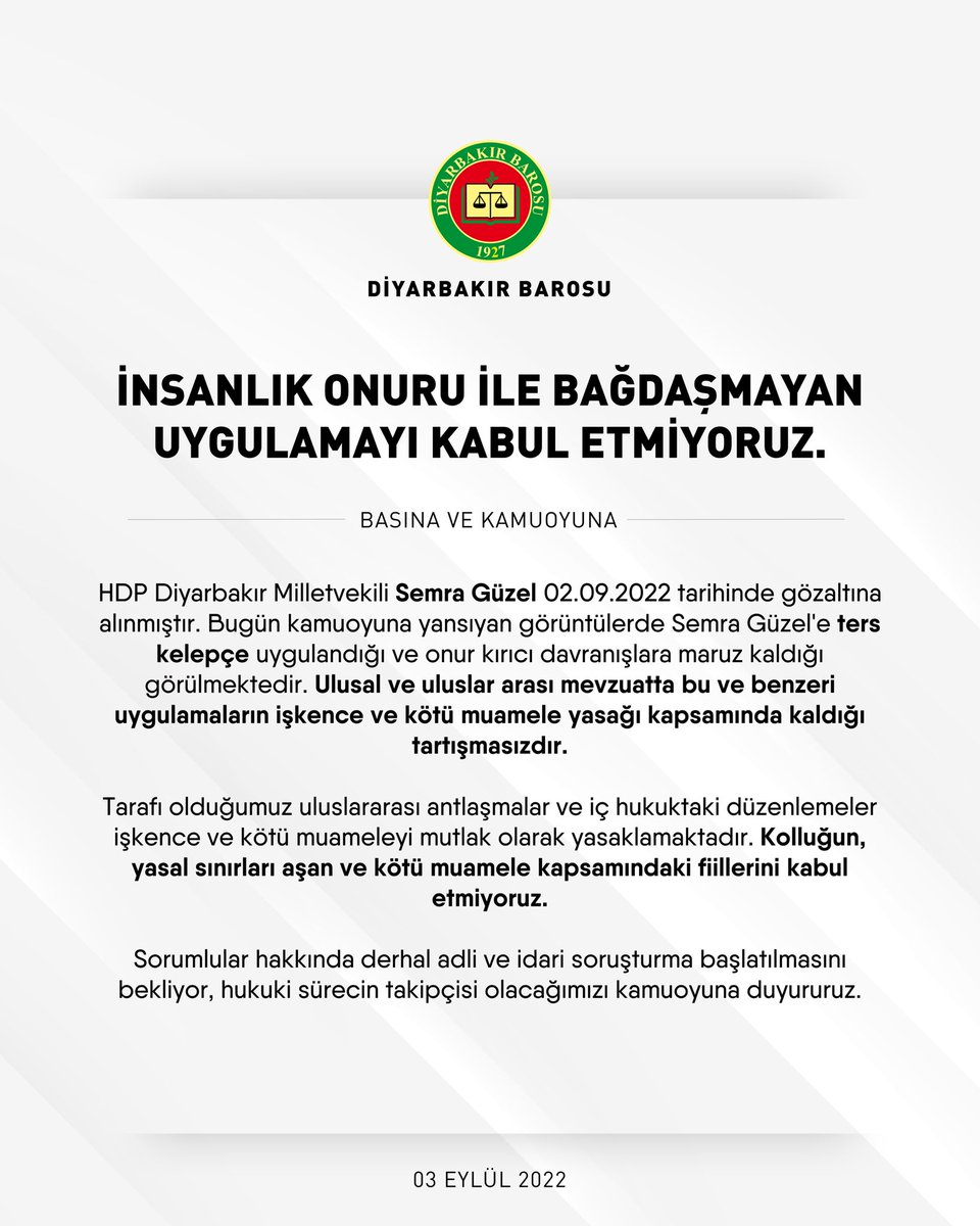 Diyarbakirbaro's tweet photo. HDP Diyarbakır Milletvekili Semra Güzel’e yönelik insanlık onuru ile bağdaşmayan uygulamayı kabul etmiyoruz. https://t.co/gZDZNXeFFf