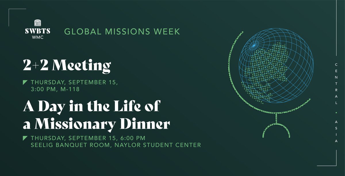 SWBTS's tweet photo. We are a little over one week out from Global Missions Week! Take a look at all of the activities the @SWBTSwmc has planned and take advantage of these opportunities to speak with @IMB_SBC missionaries from Central Asia. https://t.co/cBUCUEb4cA