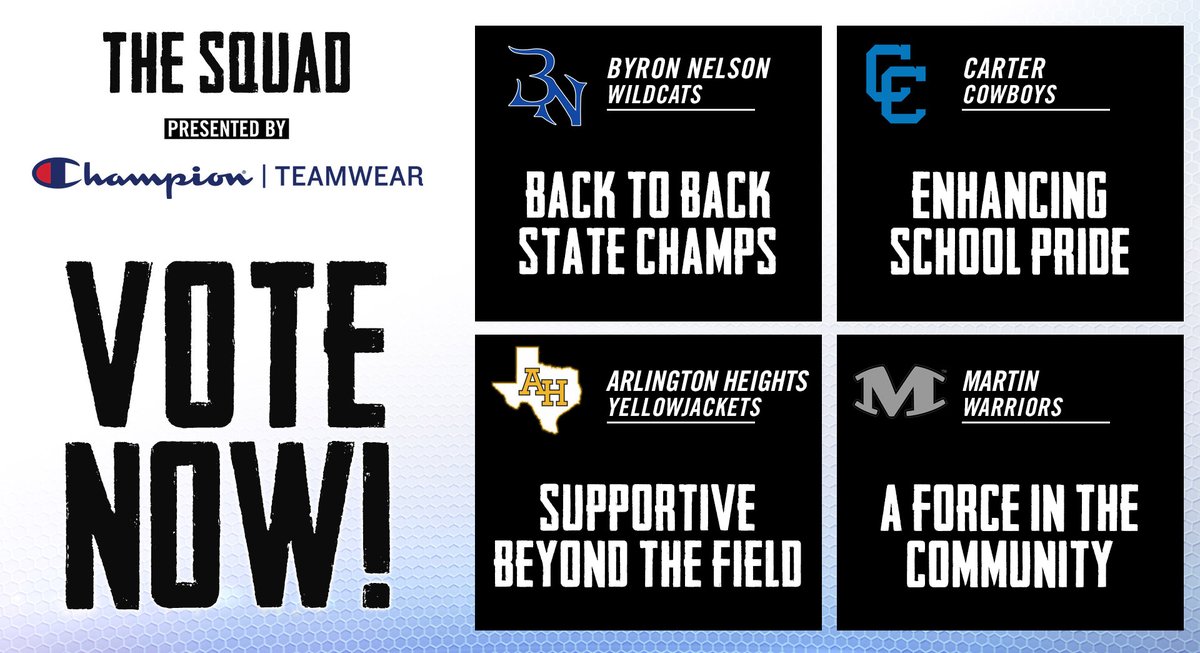 DFW Inside High School Sports (@ihss_dfw) on Twitter photo We've got 4 awesome cheer squads going head to head to be crowned The Squad and featured in our show September 17th on <a href="/NBC5/">chris thompson</a>! Vote now for who you think should win!
Presented by <a href="/ChampionTeams/">Champion Teamwear</a> We've got 4 awesome cheer squads going head to head to be crowned The Squad and featured in our show September 17th on <a href="/NBC5/">chris thompson</a>! Vote now for who you think should win!
Presented by <a href="/ChampionTeams/">Champion Teamwear</a>