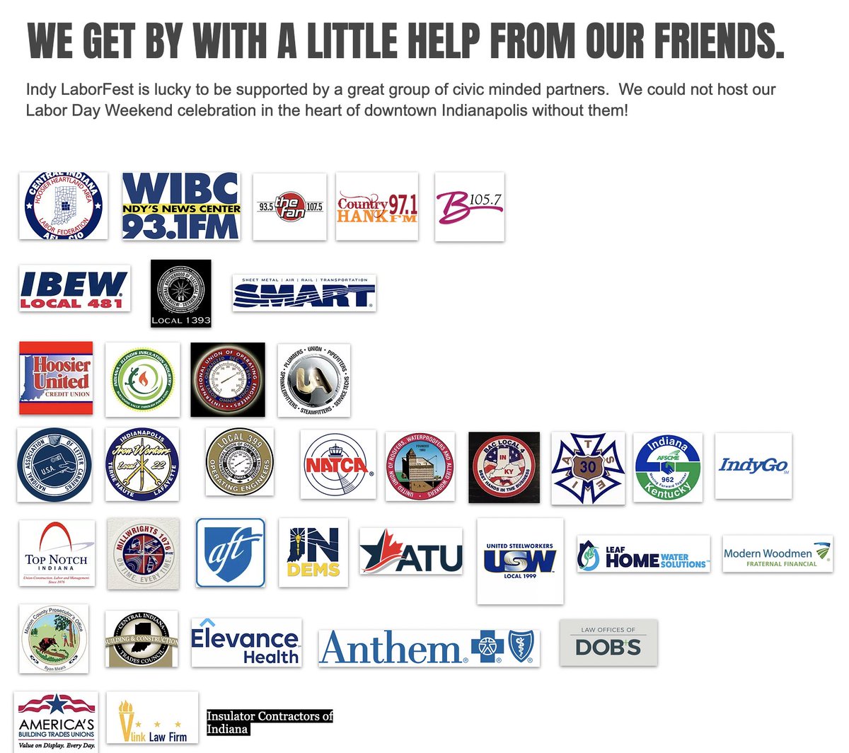 A BIG THANK YOU to the great group of partners who generously support Indy Labor Fest.  We could not host today's event without YOU!  #indylaborfest