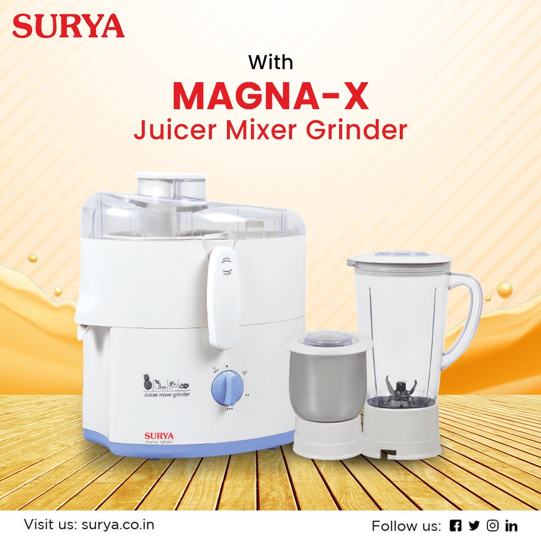 surya_roshni's tweet photo. Make any juice that you want easily in just a few steps at your home with Surya Magna-X Juicer Mixer Grinder.
Visit us at- https://t.co/QSfiT9LWRJ
#Surya #SuryaAppliances #SuryaJuicerMixerGrinder #Appliances #HomeAppliances #Juicer #JuiceMaker #India #MagnaX #HealthyJuices https://t.co/Hmc3zclgqS