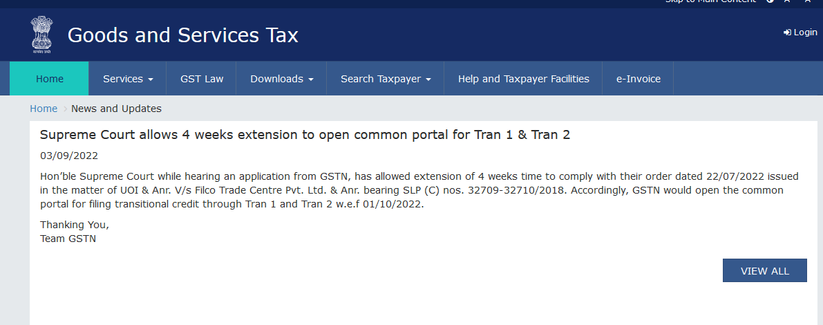 TaxationUpdates's tweet photo. GSTN would open the common portal for filing transitional credit through Tran 1 and Tran 2 w.e.f 01/10/2022 https://t.co/PAwNZ1pF9T