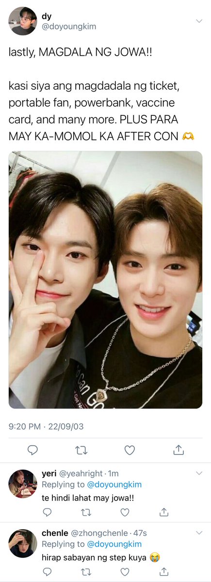 1989ryota's tweet photo. Concert Essentials
        — #jaedo #dojae five au 

kung saan dy listed the things he will bring to the concert tomorrow. https://t.co/nvcIVD674m