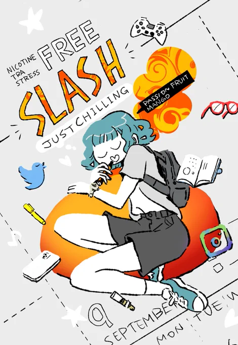 SLASH様よりシーシャどうです?とご連絡頂きまして、アッ!吸ってみたい!!ということで提供して頂きました。
紹介させてください✋

SLASHは各種フレーバーを取り揃えたニコチン0の電子たばこです。
パッションフルーツマンゴーを頂きましたが、びっくりするくらいよく香ります…🥭
#slash_art 