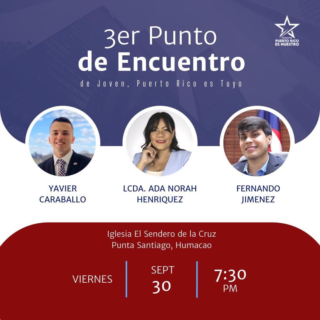 AdaHenriquez1's tweet photo. 🚨 A T E N C I Ó N 🚨

3er Punto de Encuentro de Joven, Puerto Rico es Tuyo - 
🗓 Viernes 30 sept 
⏰ 7:30pm

Temas: 
•Conservadurismo en las Comunicaciones  
•Economía y el Impacto del Impuesto al Inventario 

#Conservadores 
#FPRN #JPRT https://t.co/tP9Ackduxc
