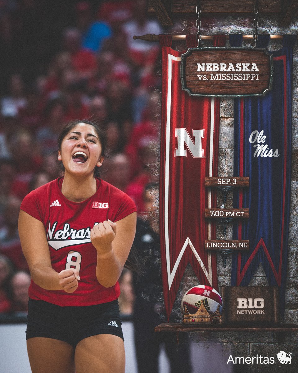 HuskerVB's tweet photo. 🔴Big Red v. Rebels🔴

🆚: Ole Miss
🕖: 7pm CT
📺: @BigTenNetwork
 📍: Red Kingdom (The Bob)
📻: @HuskersRadio https://t.co/hSJ1JNrSGd