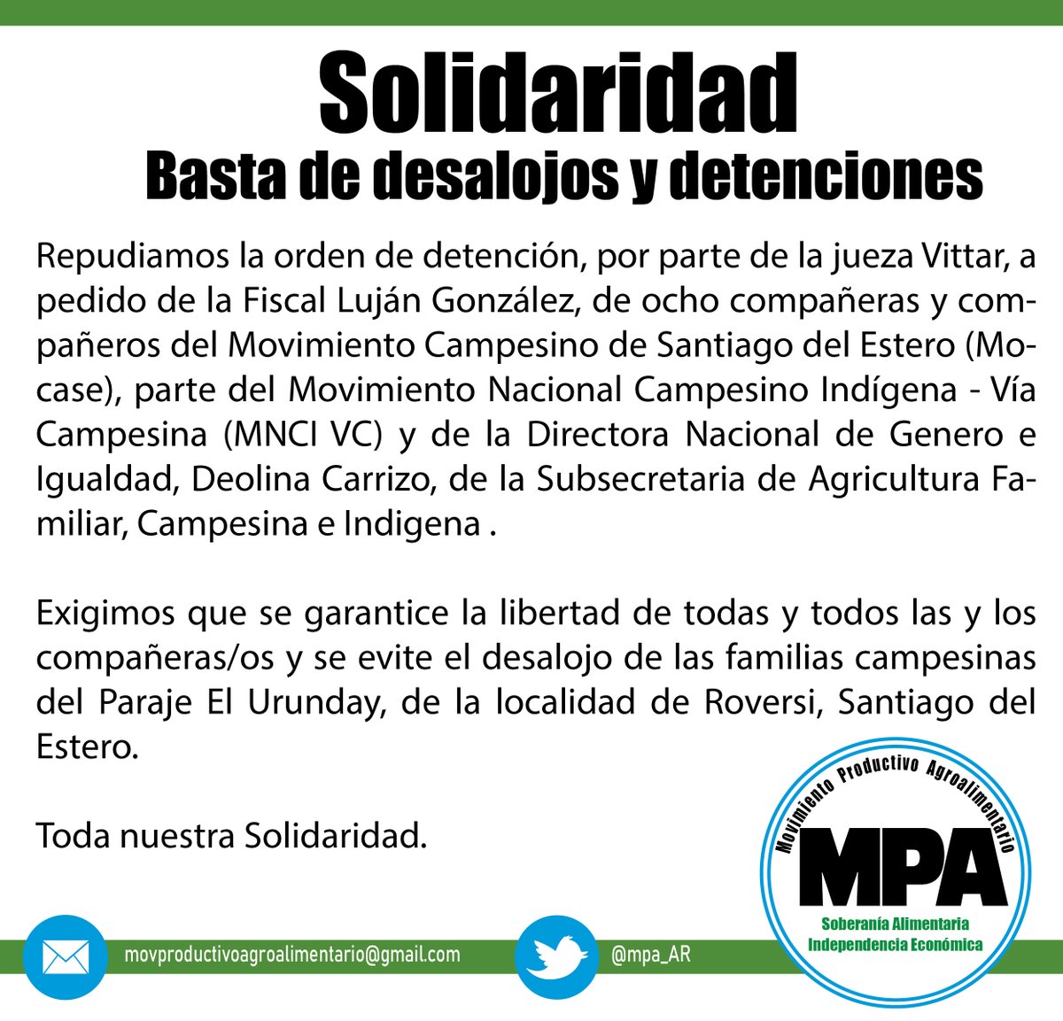 Repudiamos la orden de detención de 8 cras/cros del Movimiento Campesino de Santiago del Estero 
<a href="/MOCASE_VC/">MOCASE Vía Campesina</a> y de la Directora Nacional de Genero e Igualdad, Deolina Carrizo, de la Subsecretaria de Agricultura Familiar, Campesina e Indígena 
<a href="/AgriculturaAR/">Secretaría de Agricultura, Ganadería y Pesca</a>