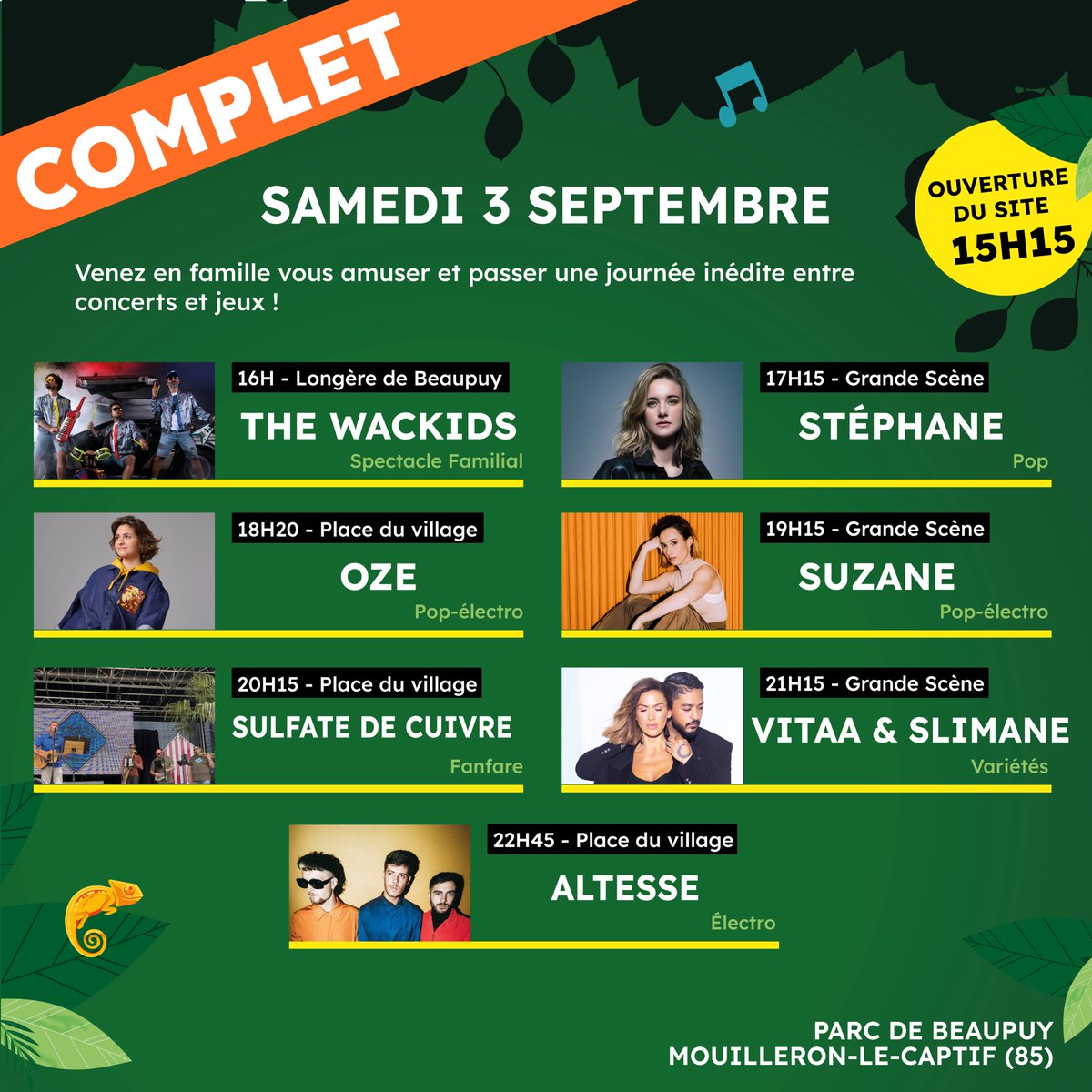 💥COMPLET - SAMEDI 3 SEPTEMBRE💥

🥰 Merci à tous de votre soutien, nous sommes complet sur la date du samedi 3 septembre ! 

Des places sont toujours disponibles pour dimanche 4 septembre, alors ne tardez plus ! Foncez sur la billetterie 👉🏼 weezevent.com/festival-face-…