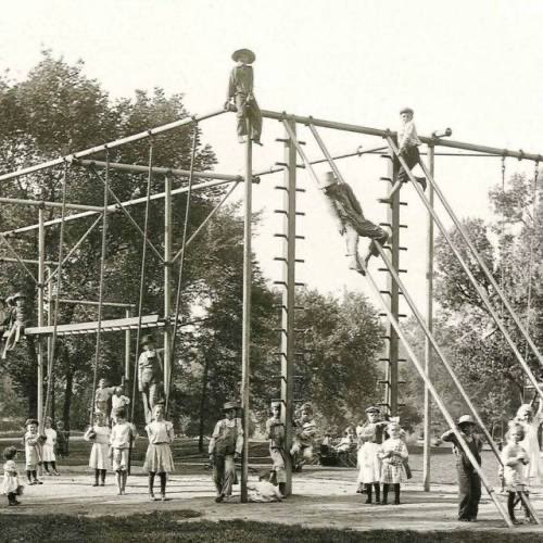 DanWuori's tweet photo. Pretty sure this early 1900s playground is not going to pass its ECERS safety assessment, even with 6 inches of pea gravel in the fall zone. #earlychildhood https://t.co/dzHn56qxlH