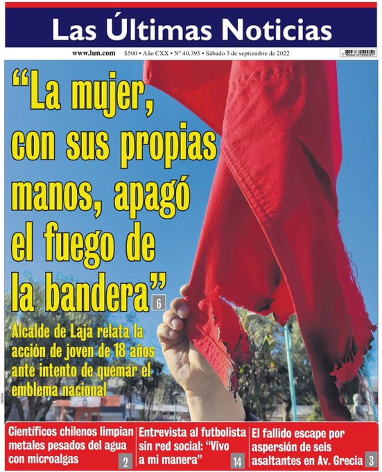 #Alerta Una Chilena🇨🇱Valiente Tiene 18 Años y Apagó el Fuego de #NuestraBandera🇨🇱 con sus Propias Manos y Está con Lesiones Leves. Gracias Muchas Gracias para ella por su acto de valentía frente a dos #Antichilenos🇨🇱Que Trataron de Quemar La #Bandera🇨🇱#RechazoEl4deSeptiembre🇨🇱