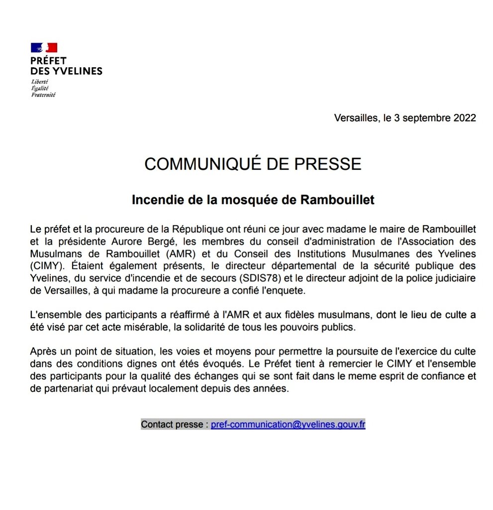 Prefet78's tweet photo. Communiqué de presse :

Retrouvez le communiqué de presse relatif à l'incendie de la mosquée de Rambouillet sur ce lien : https://t.co/SjjDKOnVLv https://t.co/z9CeJ7Gnum