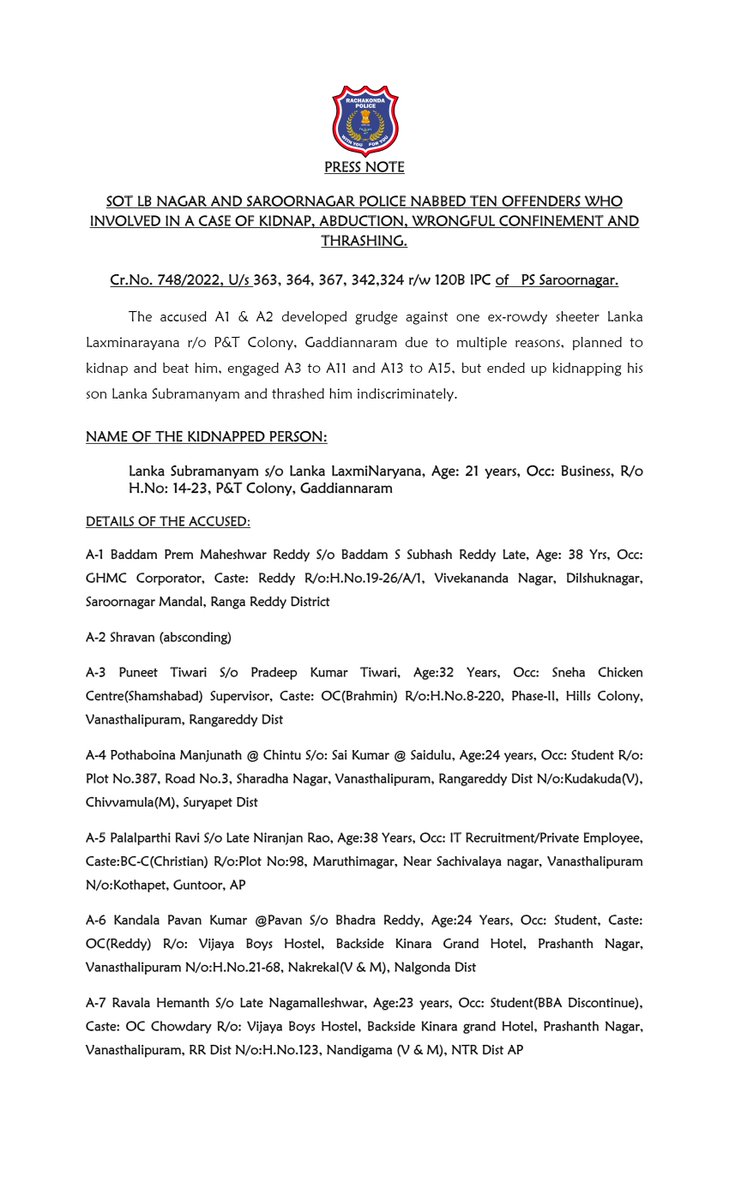 MalkajgiriCop's tweet photo. #SOT_LBNagar and @Saroornagarps Police nabbed ten offenders who were involved in a case of #Kidnap, #Abduction, #WrongfulConfinement, and #Thrashing.  @TelanganaCOPs @hydcitypolice @cyberabadpolice @DCPLBNagar @AcpLbNagar https://t.co/S4chQc07yC