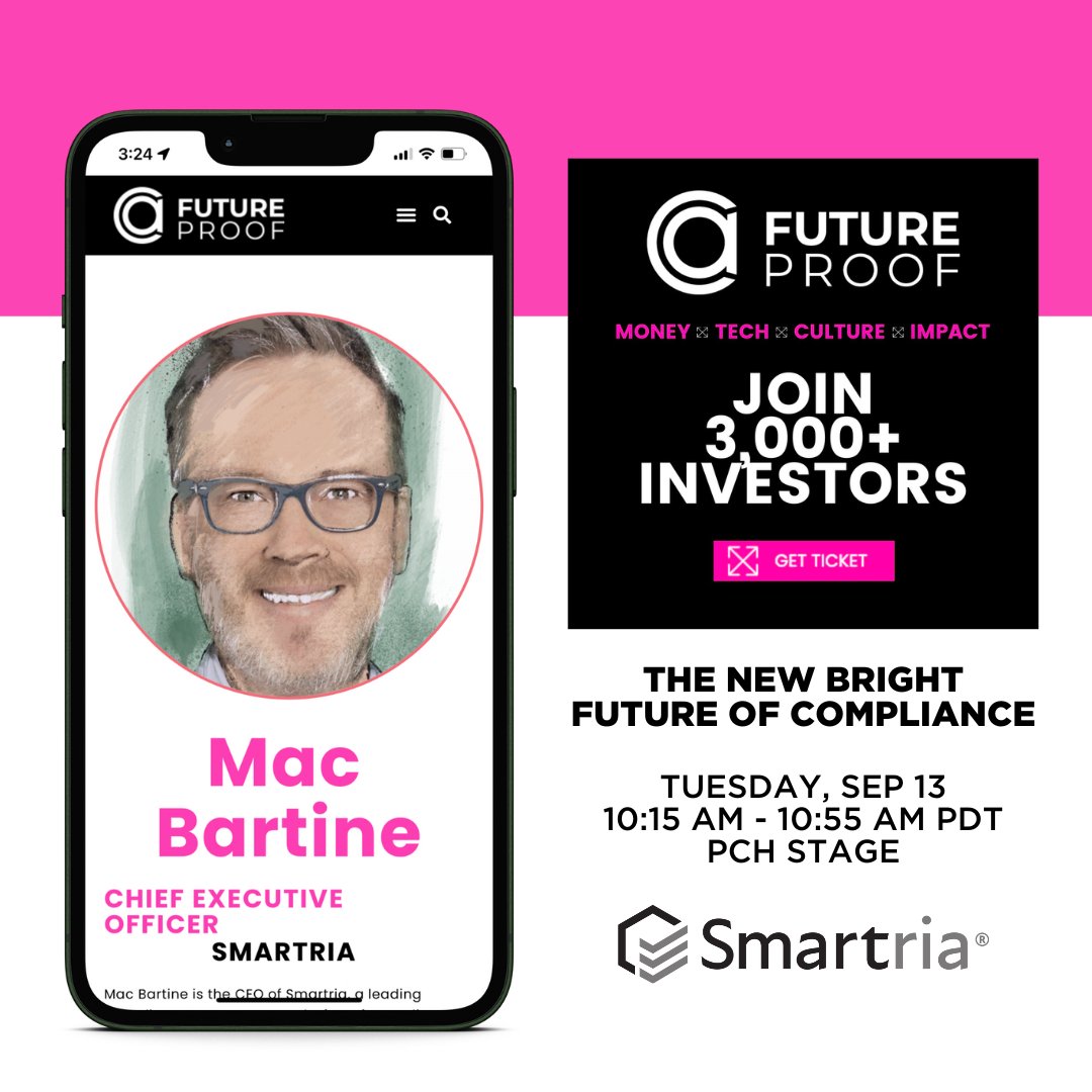 smartriaco's tweet photo. Don't miss @smartriaco's CEO Mac Bartine on the @FutureProofAC stage 🚨 Sept. 13 @ 10:15 – 10:55 am PDT for The New Bright Future of Compliance.  

The SEC’s new #marketing rules take effect in November 2022—learn what you should do next.  

#FutureProofAC #Smartria #Compliance https://t.co/d5jRrWm7FF