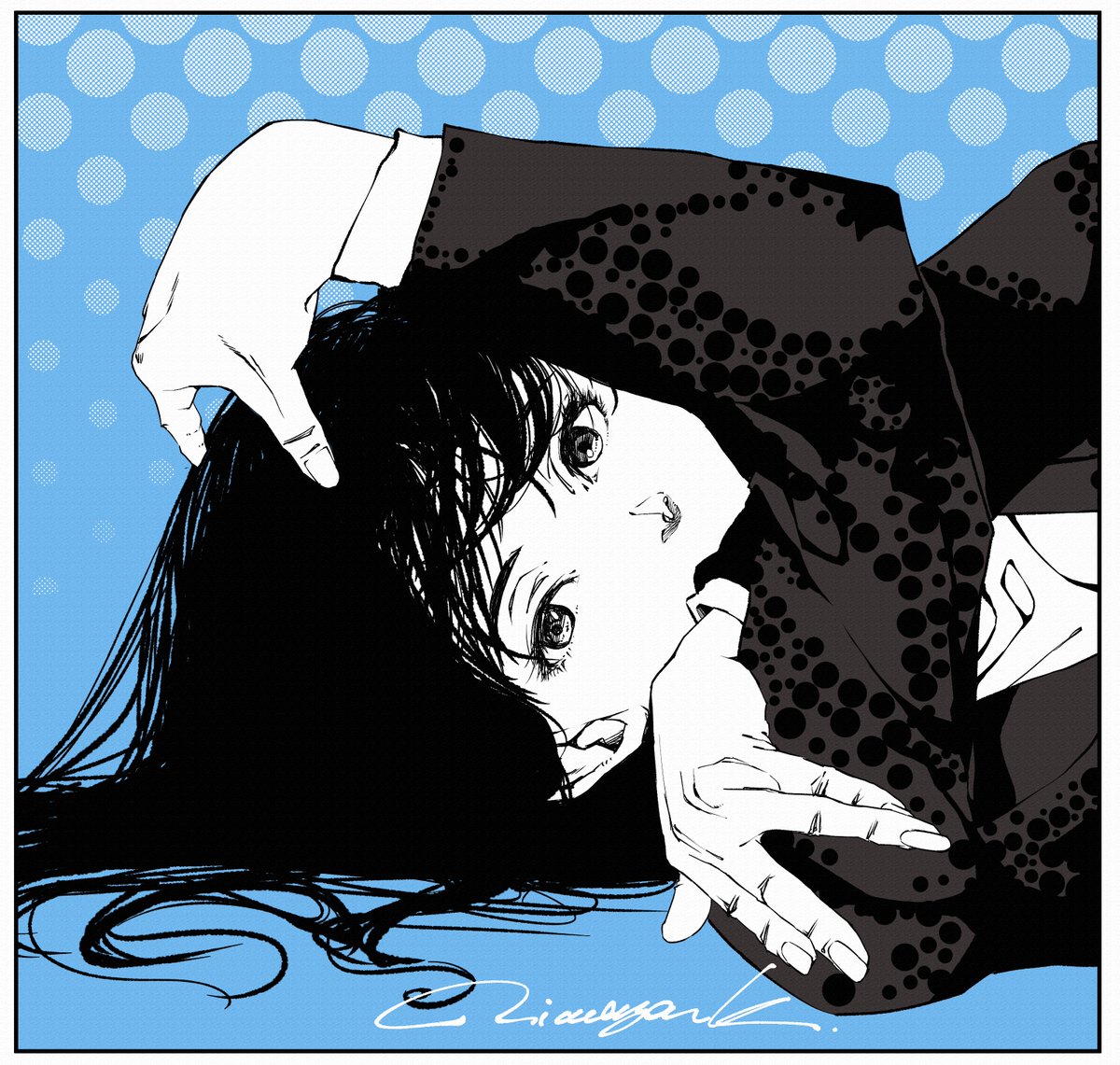 1girl solo long hair border blue background monochrome looking at viewer  illustration images