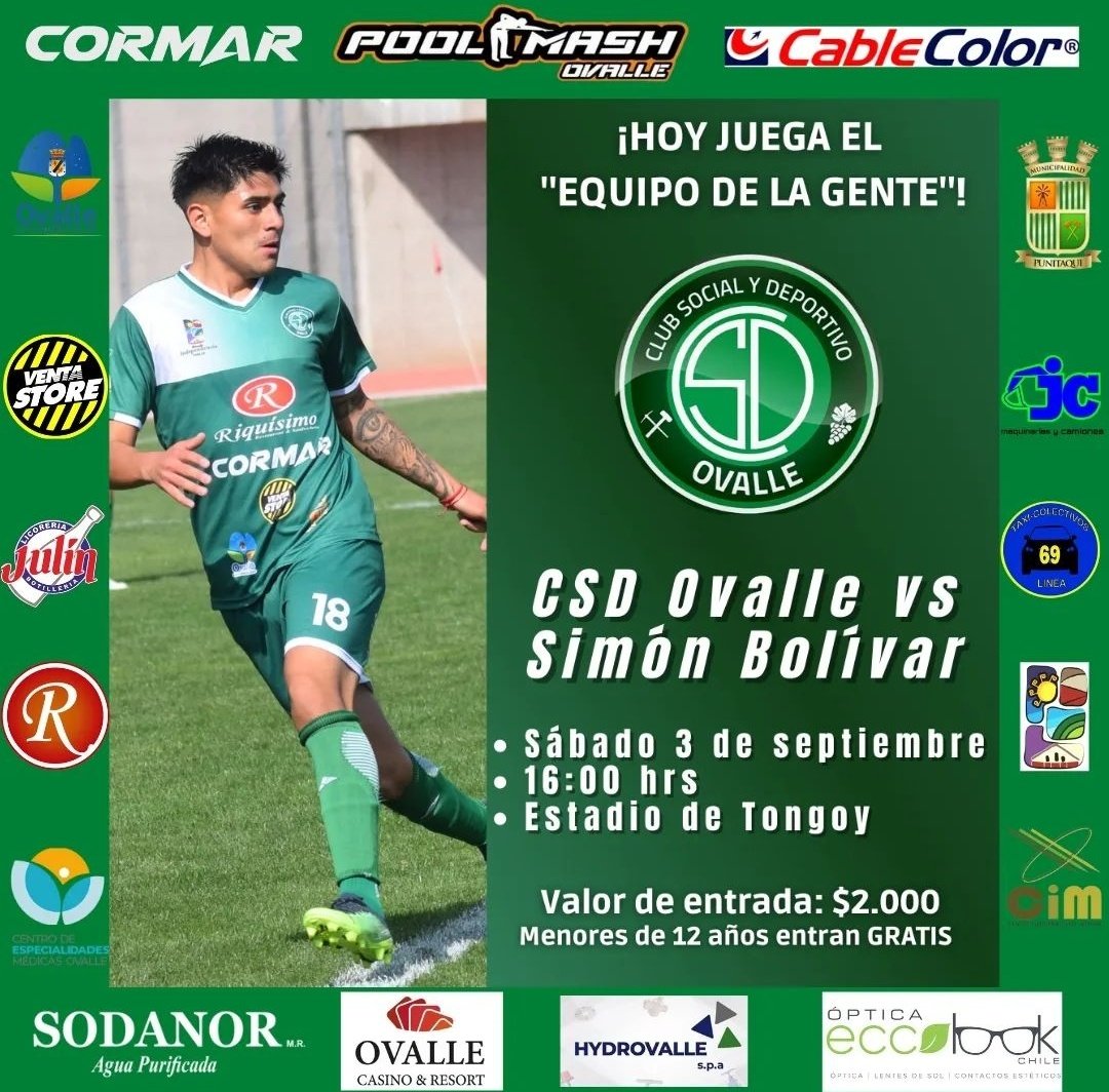 CSDOvalle's tweet photo. ¡LOCALES EN TONGOY!

En la fecha 20 ejercemos nuestra localía en el tradicional balneario

⚽️ CSD Ovalle vs Simón Bolívar 
🗓 Sábado 3 septiembre 
🕔 16:00 hrs
🏟 Estadio Municipal de Tongoy 

Valor de entrada $2.000 (menores de 12 años entran GRATIS) 

¡CONTAMOS CON TU APOYO! 💚 https://t.co/hSpEFnPkck
