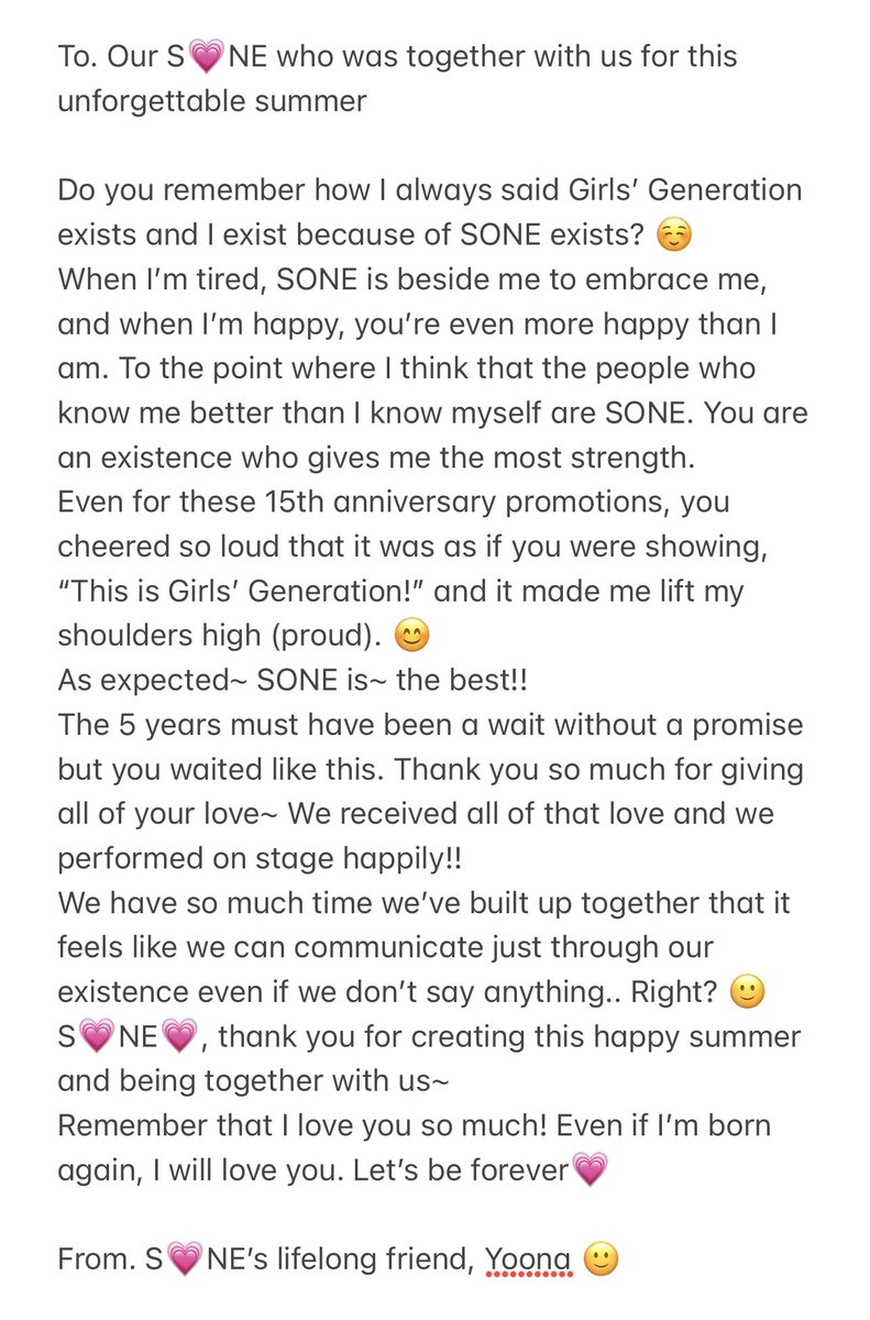SonexStella's tweet photo. [TRANS] Yoona’s handwritten letter to SONE from the 15th anniversary fan meeting 💗 #LongLastingLove https://t.co/pFCgivQlsw