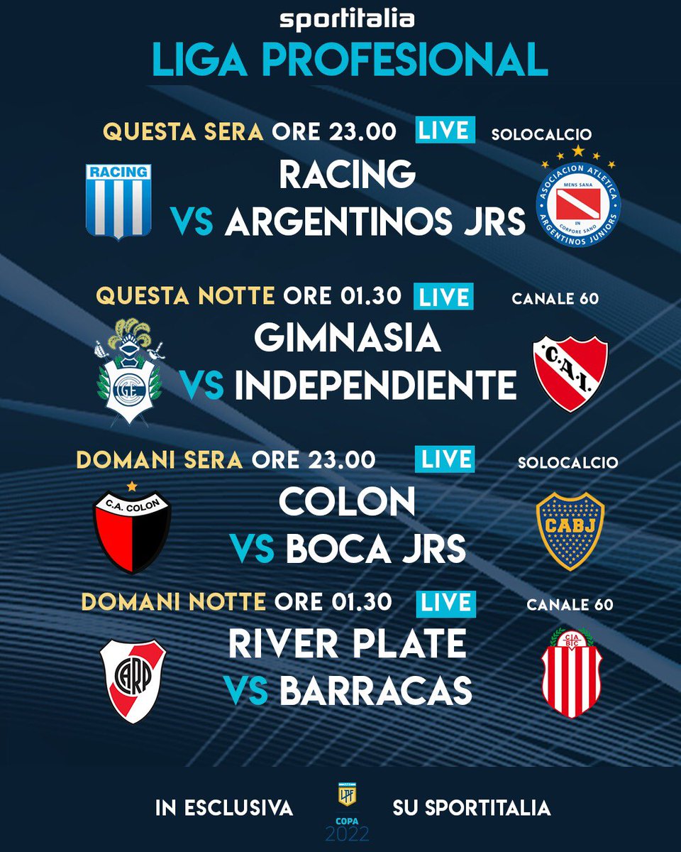 tvdellosport's tweet photo. ๐ฆ๐ท LIGA PROFESIONAL
Ecco gli appuntamenti del weekend con il campionato argentino โ๐ผ
Tutto in esclusiva su Sportitalia e su Solocalcio, live in streaming anche sulla nostra app ๐ฒ
@LigaAFA
-
#sportitalia #solocalcio https://t.co/4VXeEW6V0O