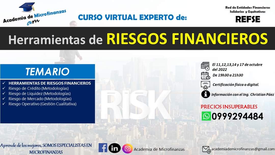 𝐂𝐮𝐫𝐬𝐨 𝐄𝐱𝐩𝐞𝐫𝐭𝐨 𝐞𝐧 𝐇𝐄𝐑𝐑𝐀𝐌𝐈𝐄𝐍𝐓𝐀𝐒 𝐃𝐄 𝐑𝐈𝐄𝐒𝐆𝐎𝐒 𝐅𝐈𝐍𝐀𝐍𝐂𝐈𝐄𝐑𝐎𝐒 

"𝐿𝑜 𝑞𝑢𝑒 𝑛𝑜 𝑠𝑒 𝑚𝑖𝑑𝑒, 𝑛𝑜 𝑠𝑒 𝑔𝑒𝑠𝑡𝑖𝑜𝑛𝑎"

Es el curso experto IDEAL para ti. Informes al siguiente link bit.ly/3mRDxpa o al 0999294484