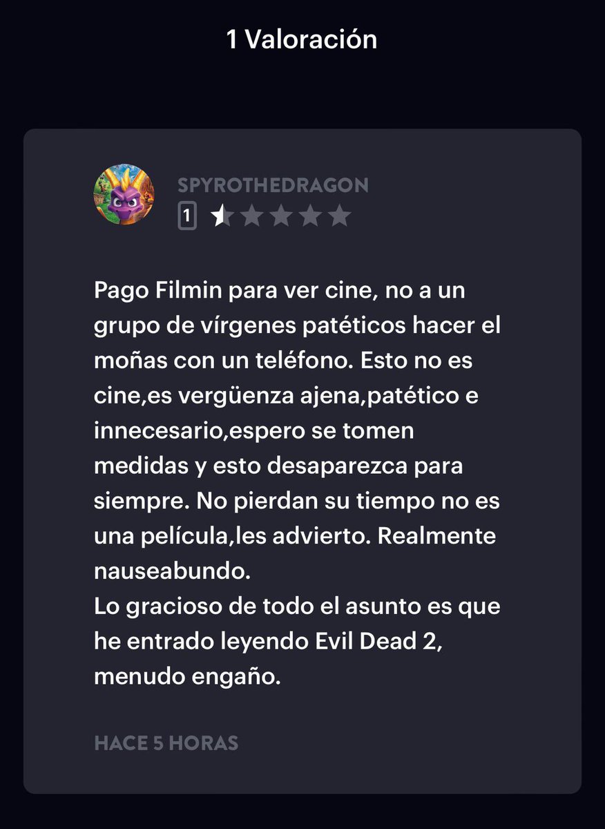 cine_domingo's tweet photo. Alguien conoce a esta persona? Díganle que nunca dijimos que fuera cine y que para el 18 @Filmin la retira, que no se preocupe. Pero que gracias por el comentario, es maravilloso 😍 #DevilDead2 https://t.co/JtHy8EKmEN