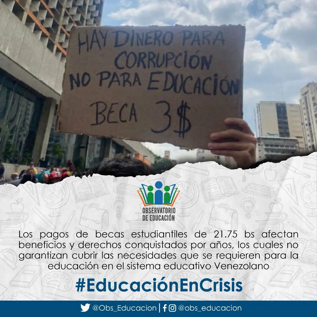 Obs_REDES's tweet photo. #Sep03 | Después de 4 años estudiantes venezolanos reciben pagos de 21.75 bs que corresponde a la beca estudiantil, que termina siendo una burla, puesto que no cubre gastos de transporte, útiles escolares y material de apoyo estudiantil #EducaciónEnCrisis https://t.co/DMOy5v8wy7