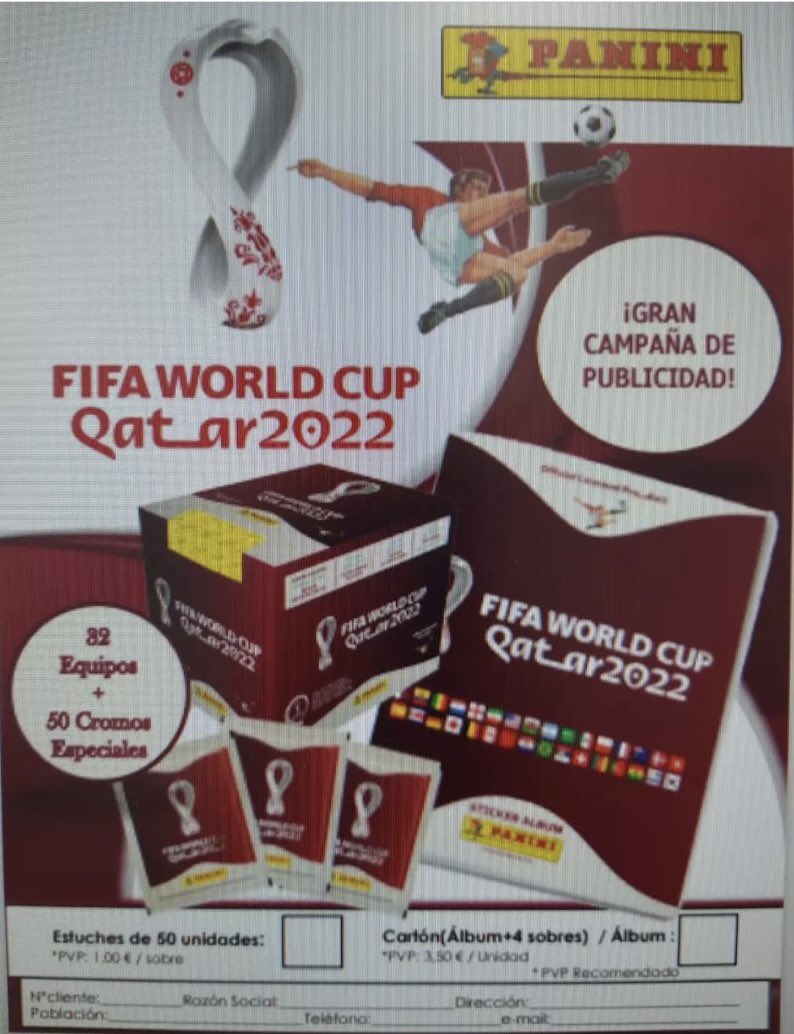 Josemmabet's tweet photo. Cartel publicitario de los cromos del Mundial, que saldrán en España el próximo viernes 9 septiembre.

- Sobres: 1€

- Álbum + 4 sobres: 3.50€

Vía @ChicasDelCromo https://t.co/huO3FputQs