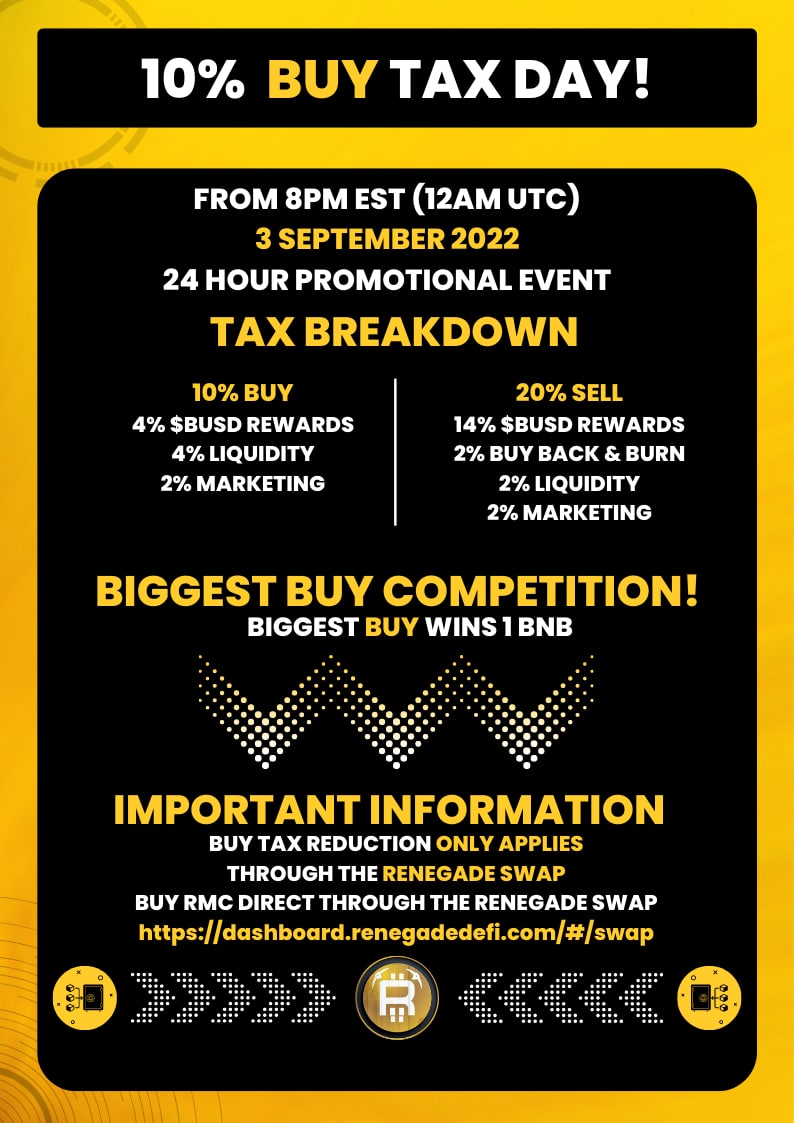 Half Tax Buy Day at <a href="/rewardminercoin/">Reward Miner Coin</a> joined with a big buy competition!

Begins at 8pm EST Tonight! (12am UTC)

50% off tax available ONLY on our own DEX SWAP! (not on PCS!)
bit.ly/3cN6ulh

Join in to get a bag half price and hold as 7 businesses position for revenue!